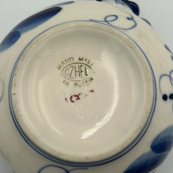 Russian GZHEL Porcelain Blue White Sugar Candy Bowl Lid Vintage Handmade Painted - Picture 11 of 13